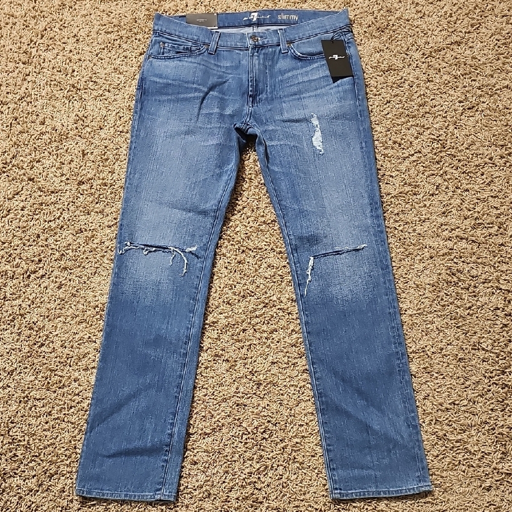 NWT 7 For All Mankind Jeans Slim Fit Straight Leg Pants 32 Slimmy Distressed